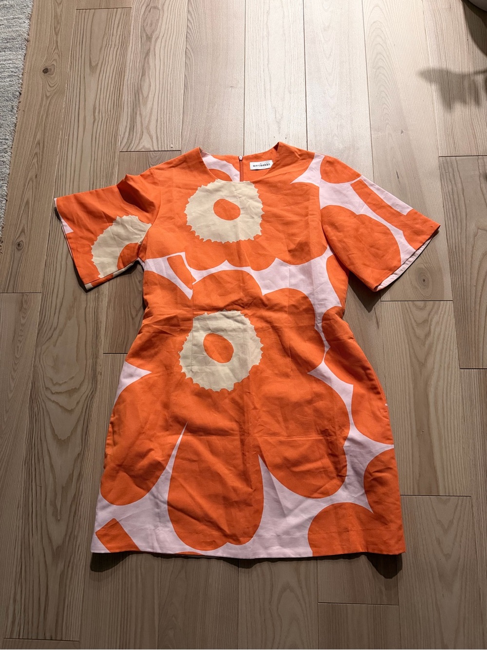 Marimekko Unikko Floral Orange Pink Short Sleeve Dress Size 42 Pockets